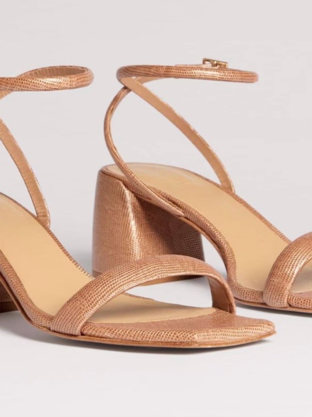 ME+EM Rose Gold Lizard-Effect Strappy Block Heel Sandals